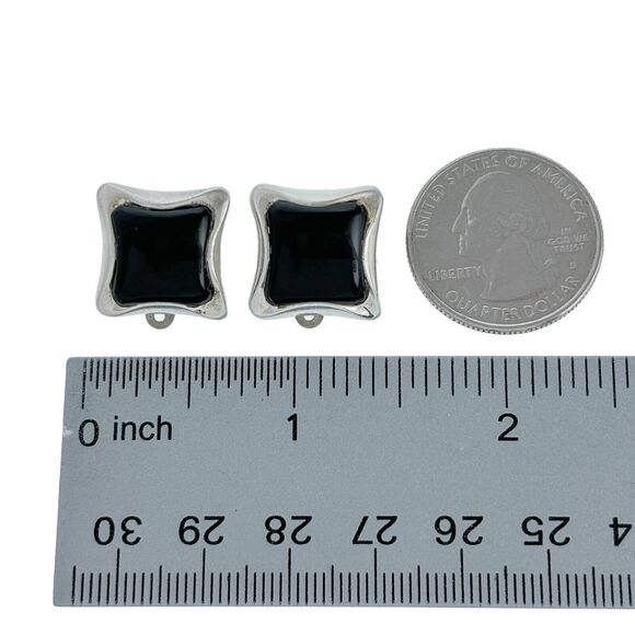 Vintage Barse Sterling Silver 925 Square Pillow Black Onyx Clip On Earrings - Picture 4 of 4